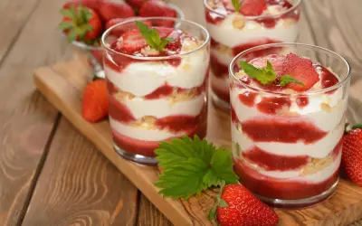 Délicieux tiramisu fraise en verrines, alternant couches de crème, biscuits émiettés et coulis de fraises, garni de fruits frais et de menthe.