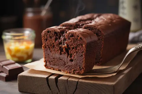 Un moelleux gâteau chocolat compote, encore chaud, avec une garniture fondante. À côté, des carrés de chocolat et une compote de fruits.