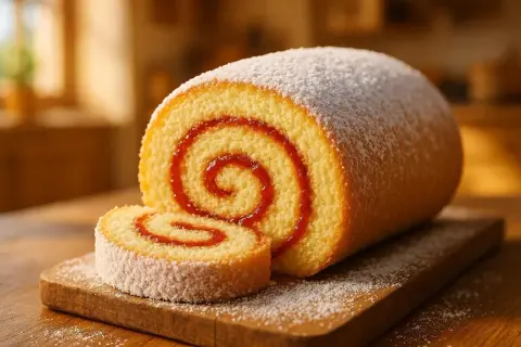 Un gâteau roulé moelleux, saupoudré de sucre glace, avec une spirale de confiture rouge. Parfait pour une recette facile et gourmande.