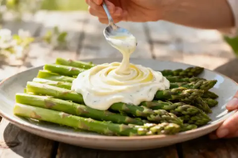 Des asperges vertes fraîches sont nappées d'une onctueuse sauce crémeuse. Un délice printanier !