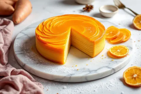 Gâteau mille-crêpes à la patate douce, orné de spirales orangées, servi avec des tranches d'orange sur une planche de marbre.