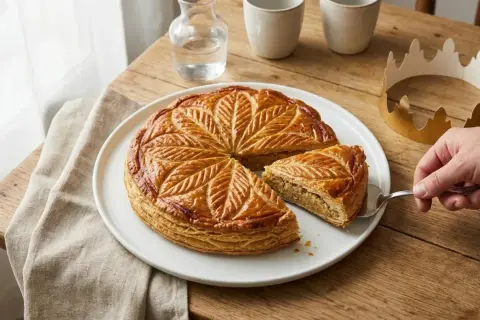 Une galette des rois pâtissier dorée, décorée de feuilles, est servie. Une part est prélevée, une couronne dorée est à côté.