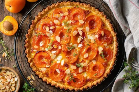 Une délicieuse tarte aux abricots classique, garnie d'amandes effilées et de thym frais, prête à être dégustée.