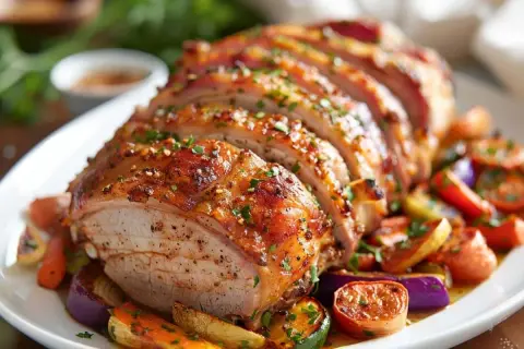 Rôti de porc Cookeo, tranché et servi avec des légumes rôtis colorés. Un plat savoureux et facile à préparer.