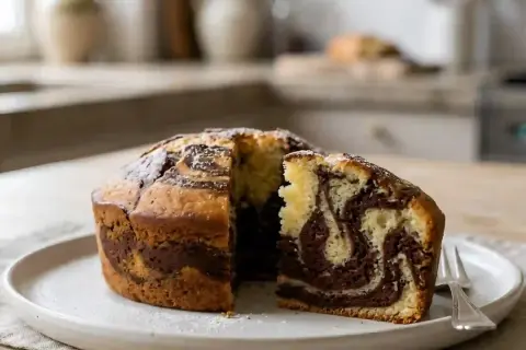 Un délicieux gâteau marbré, saupoudré de sucre glace, est présenté sur une assiette blanche. Une part est coupée, révélant ses motifs tourbillonnants de chocolat et de vanille.