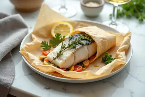 Un délicieux cabillaud en papillote, garni de romarin, servi sur un lit de légumes colorés et d'une tranche de citron.