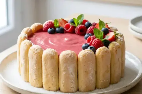 Charlotte au fromage blanc, garnie de fruits rouges frais et de menthe. Un délice visuel et gustatif.