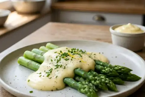 Asperges vertes nappées d'une onctueuse sauce mousseline, parsemées de ciboulette et de poivre.