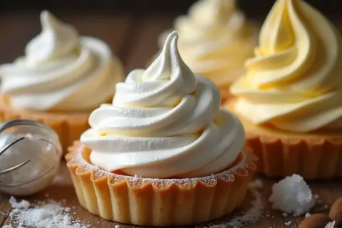Douceurs crémeuses, des tartelettes garnies d'une chantilly aérienne, comme du blanc en neige, saupoudrées de sucre glace.