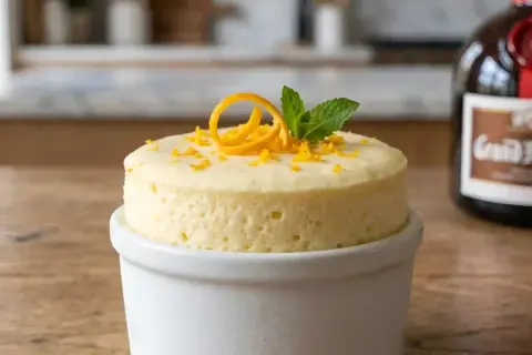 Soufflé Grand Marnier aérien, décoré d'une spirale d'orange et de menthe, prêt à être dégusté. La bouteille de Grand Marnier est en arrière-plan.