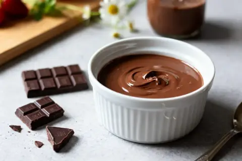 Crème au chocolat onctueuse, parfaite pour une recette crème au chocolat grand chef. Des morceaux de chocolat noir et des fraises en arrière-plan.