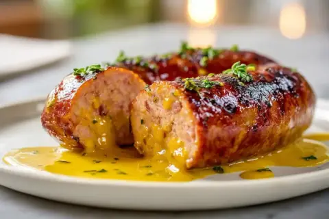 Andouillette dorée et juteuse, coupée en deux, baignant dans une sauce onctueuse. Un délice préparé à l'air fryer.