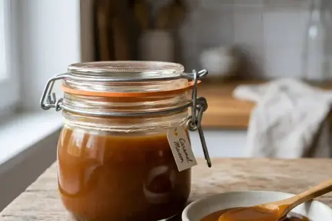 Un bocal de caramel liquide maison, avec une étiquette manuscrite, est prêt à être dégusté. Une cuillère en bois trempe dans un petit bol de ce délice doré.