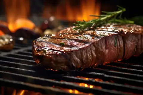 Un faux filet savoureux sur le gril, avec des herbes aromatiques et des flammes dans l'arrière-plan. La cuisson du faux filet est à son apogée.