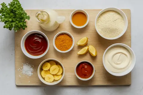 Ingrédients pour comment faire une sauce : ketchup, curcuma, citron, banane, sel, huile, et une sauce crémeuse.