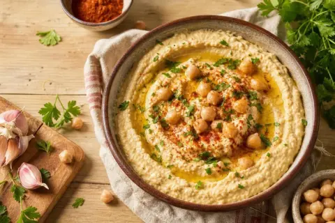 Un bol de houmous crémeux, garni de pois chiches, d'huile d'olive et de persil. Une recette houmous facile à réaliser, avec de l'ail et du paprika à proximité.