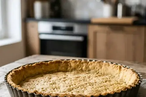 Pâte sablée traditionnelle dorée dans son moule, prête pour une garniture gourmande. Une base parfaite pour toutes vos tartes.