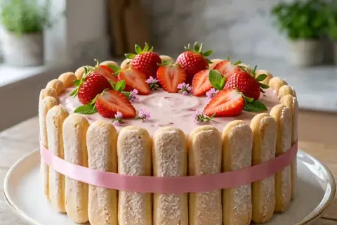 Charlotte aux fraises inratable, décorée de fruits rouges frais et de biscuits à la cuillère, le tout ceinturé d'un ruban rose.