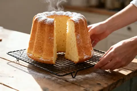 Un délicieux gâteau de Savoie, encore chaud et saupoudré de sucre glace, est posé sur une grille.