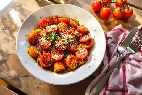 Tomates à la provençale à la poêle, garnies de parmesan râpé et de basilic frais, sur une assiette blanche.