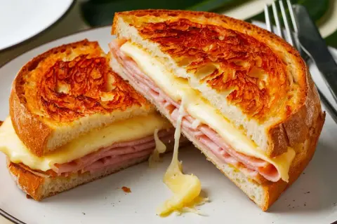 Un croque-monsieur gourmand, parfaitement doré à l'airfryer, avec du fromage fondant et du jambon savoureux.