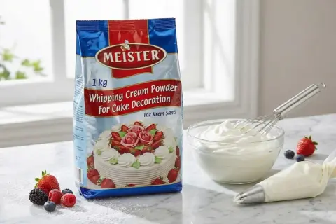 Un paquet de poudre pour crème fouettée Meister, prêt à être transformé en délicieuse crème montée vanille pour décorer des gâteaux. Des fruits frais et une poche à douille complètent la scène.