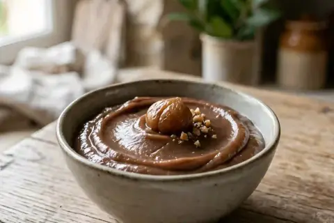 Crème de marron à l'ancienne on a rustic table, topped with a whole chestnut and chopped nuts. A taste of tradition.