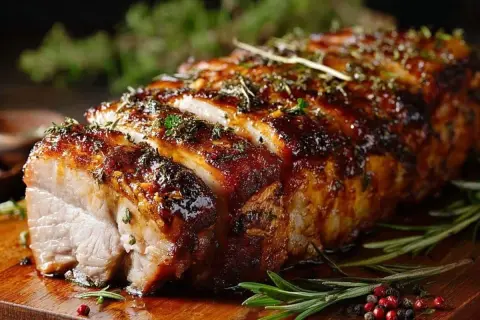 Un délicieux roti de porc au four, laqué et parsemé d'herbes, prêt à être dégusté sur une planche en bois.