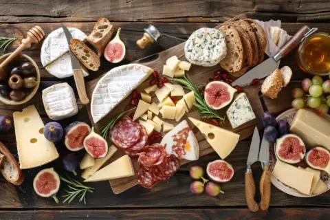 Une planche charcuterie fromage généreuse avec divers fromages, saucissons, figues, olives, raisins et pain sur fond de bois.