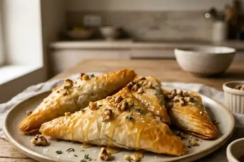 Triangles dorés de pâte filo, nappés de miel et parsemés de noix et d'herbes, prêts à être dégustés.
