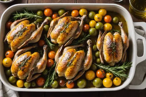 Cinq coquelets au four dorés, parsemés d'herbes, entourés de tomates cerises et d'olives vertes dans un plat blanc.