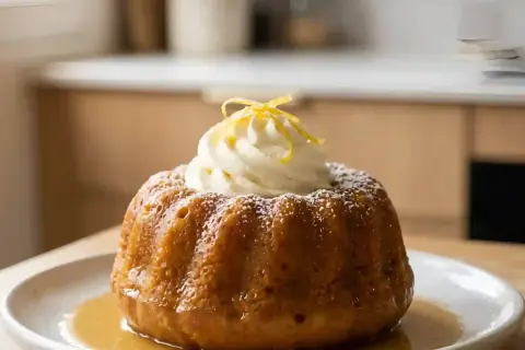 Baba au rhum gastronomique, un dessert moelleux et parfumé, nappé de sirop et surmonté de crème fouettée et de zestes de citron.