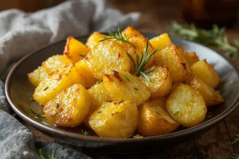 Assiette de pommes de terre au four dorées et croustillantes, garnies de romarin frais. Un délice simple et réconfortant.