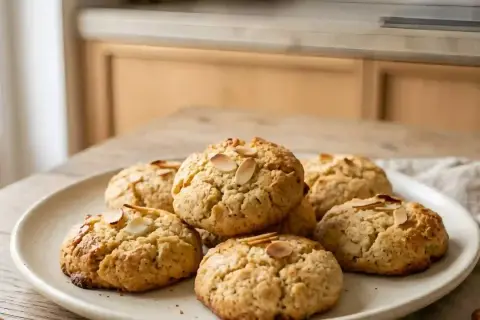 Une assiette de meilleurs biscuits aux amandes, dorés et garnis de lamelles d'amandes, sur une table en bois.