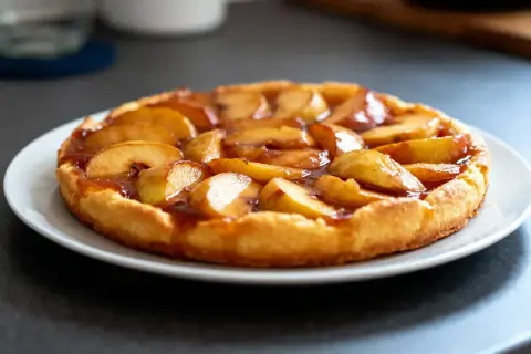 Une tarte tatin aux pommes caramélisées, dorée et appétissante, prête à être dégustée.