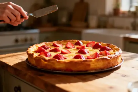 Un délicieux clafoutis aux fraises, prêt à être servi. Les fruits rouges brillent sur la pâte dorée.