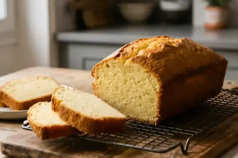 Un délicieux quatre-quarts doré, tout juste sorti du four, avec quelques tranches déjà coupées sur une assiette.