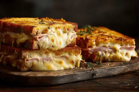 Deux croque monsieur au four empilés, leur fromage fondant dégouline sur du pain grillé doré. Un délice réconfortant.