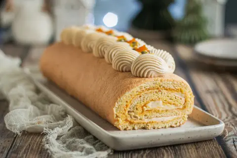 Bûche roulée décorée de crème et fruits exotiques, parfaite pour une recette buche mangue passion.