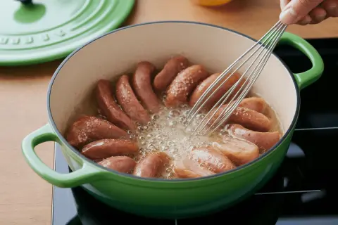 Saucisses de Strasbourg dorées et croustillantes dans une cocotte verte, une main remuant avec un fouet pour une cuisson parfaite.