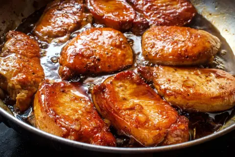 Filet mignon en train de dorer dans une poêle, baignant dans une sauce caramélisée. La marinade leur donne une belle couleur dorée et appétissante.