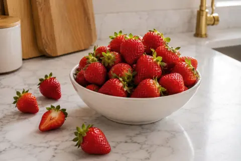 Un bol rempli de fraises rouges et juteuses, parfaites pour un dessert frais. Quelques fraises sont éparpillées sur le comptoir en marbre.