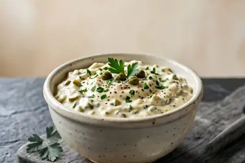 Un bol de sauce tartare crémeuse, garnie de câpres et de persil frais, prête à accompagner un plat de poisson.