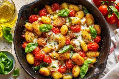 Délicieux gnocchis dorés avec des tomates cerises fondantes et du fromage filant, le tout dans une poêle. Un plat de tomates à la poêle qui met l'eau à la bouche.