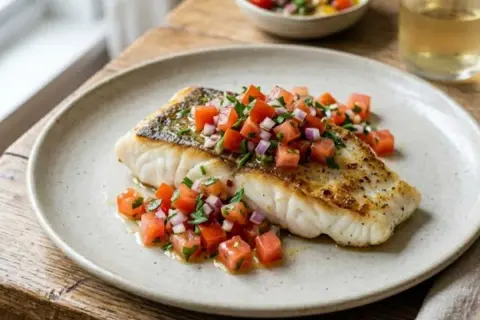 Filet de poisson grillé garni d'une salsa fraîche de tomates et d'oignons rouges, la sauce du chef parfaite pour sublimer ce plat.