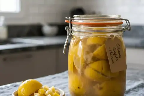 Un bocal rempli de citrons confits maison, prêts à parfumer vos plats. Une touche de soleil dans votre cuisine.