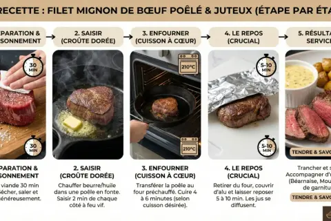 Étapes pour la cuisson parfaite du filet mignon : assaisonnement, saisie, cuisson au four, repos, puis dégustation.