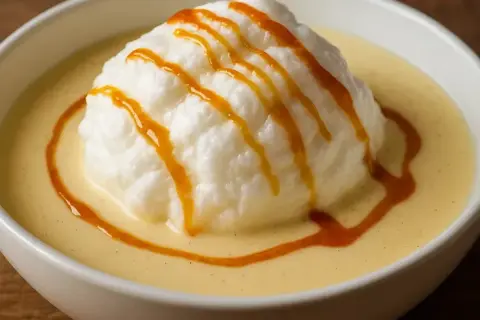 Île flottant, un délice aérien comme une recette de grand-mère, baignant dans une crème anglaise onctueuse et décoré de caramel.