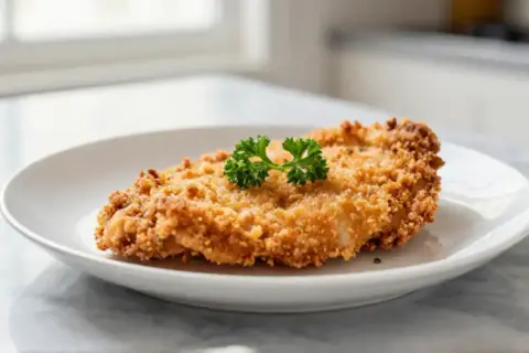 Escalope milanaise dorée à la poêle, garnie de persil frais. Le temps de cuisson parfait pour cette recette croustillante.