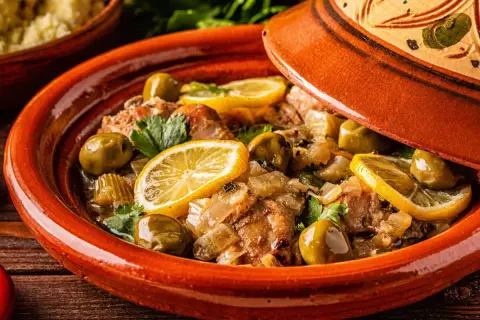 Un plat de tajine aux citrons confits, olives vertes et herbes fraîches, prêt à être dégusté.